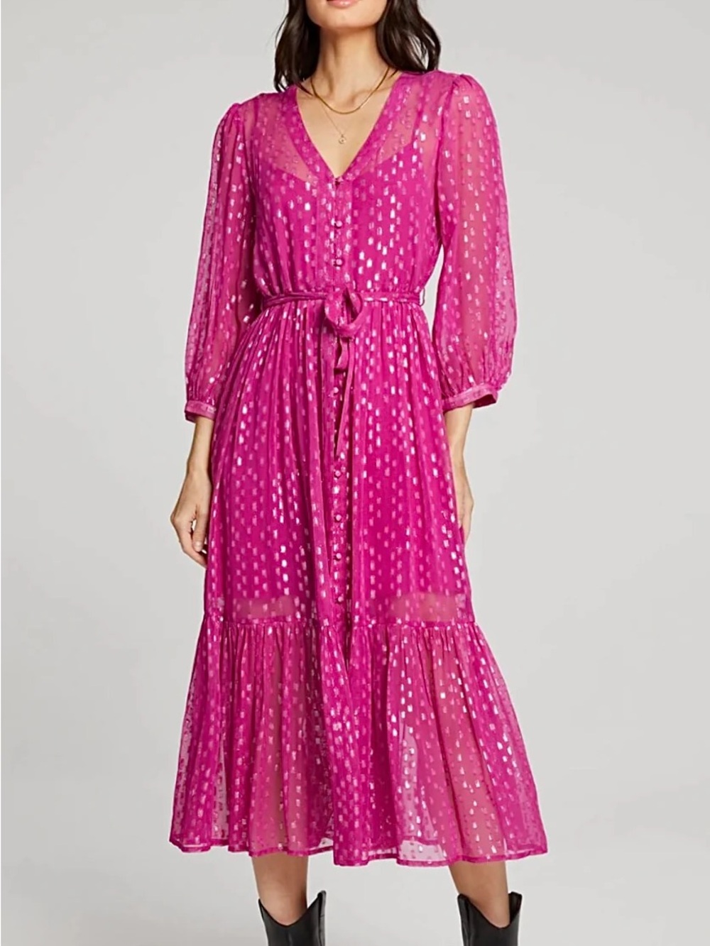 saltwater LUXE Harlyee Fuchsia Metallic Dot Midi Dress- sold on anthro
